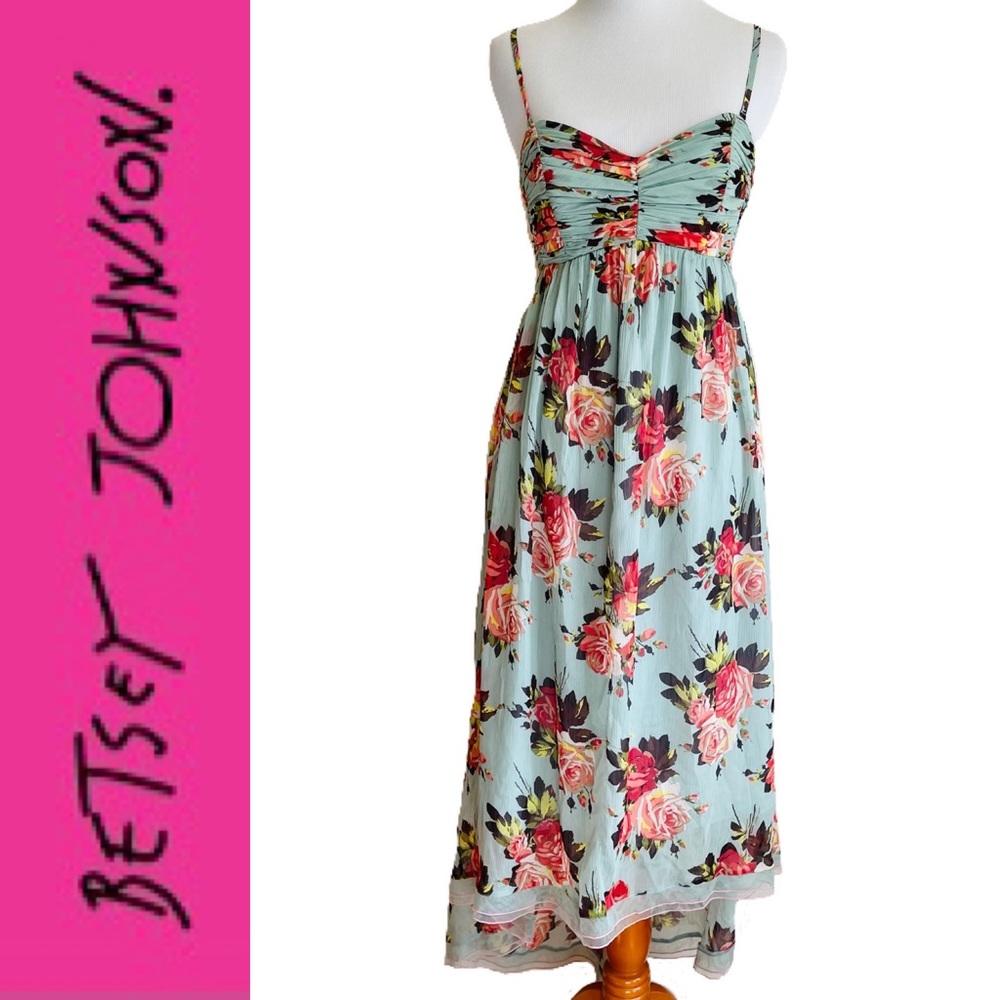 Betsey Johnson Crinkled Chiffon Roses Hi Lo Dress